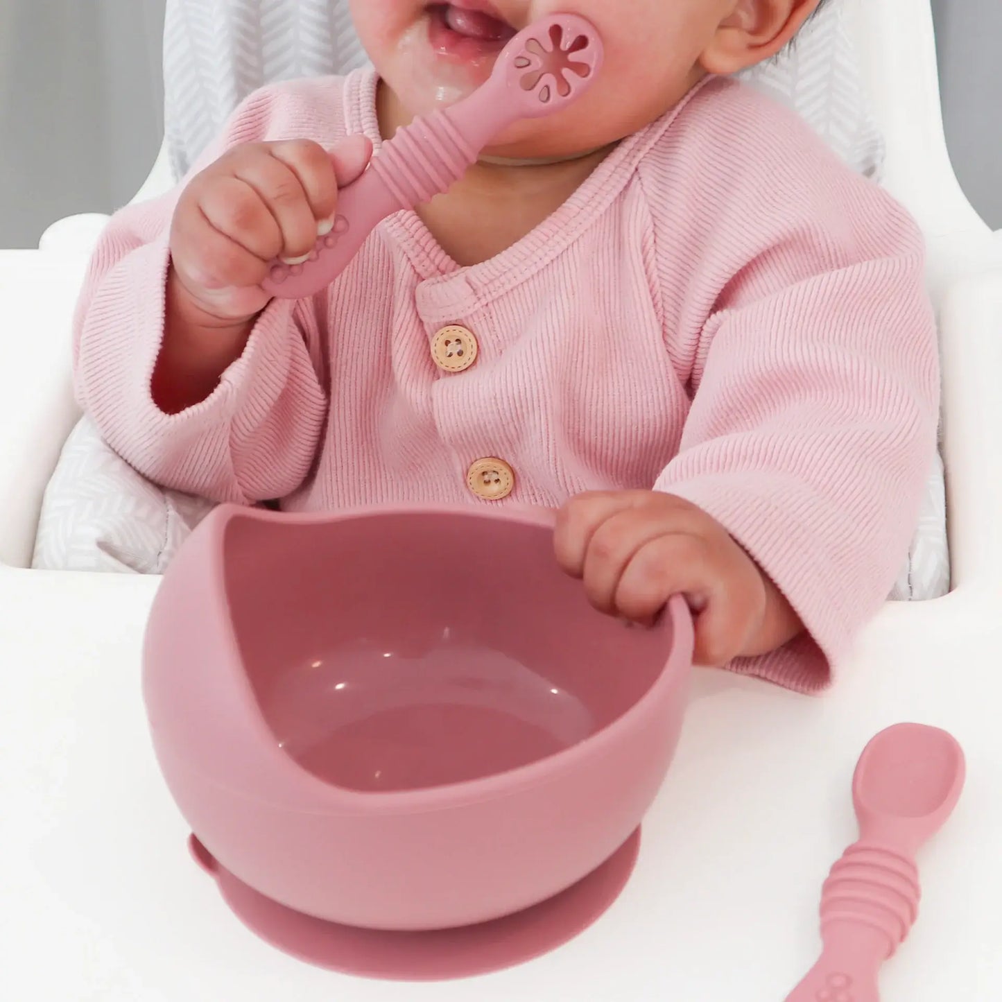 Suction Bowl & Training Spoons: Dusty Rose