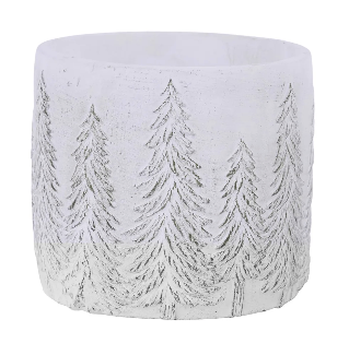 5.5"DX5"H CEMENT ROUND WHITE WASH PLANTER W/PINE TREES