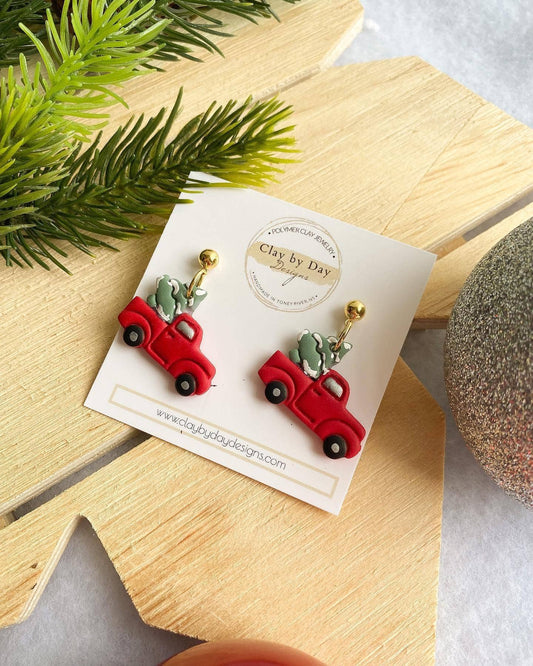 Red Truck with Christmas Tree - Clay Earrings