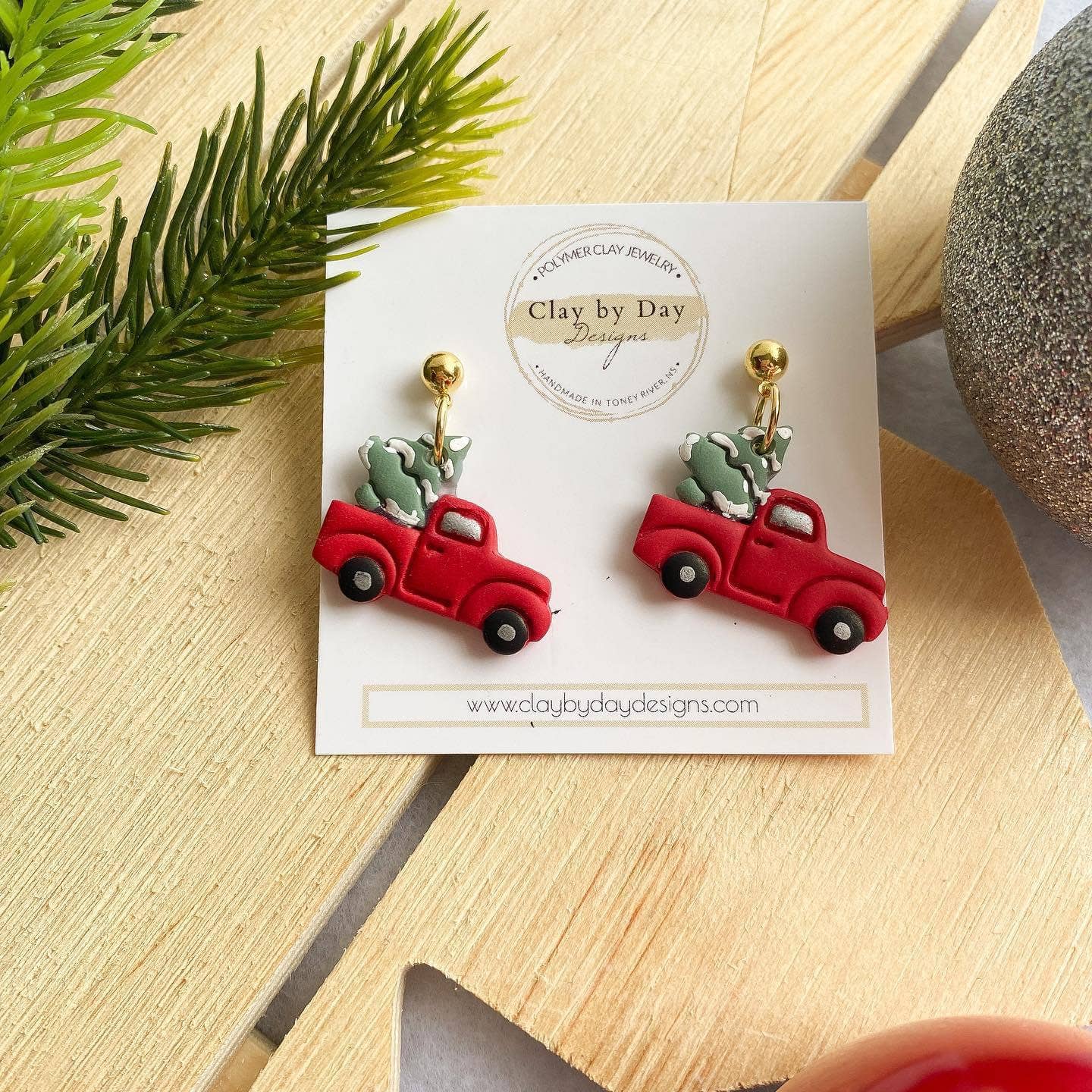 Red Truck with Christmas Tree - Clay Earrings