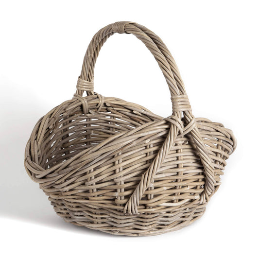 OVAL GREY RATTAN BASKET WITH HIGH SIDES AND OVERHANDLE