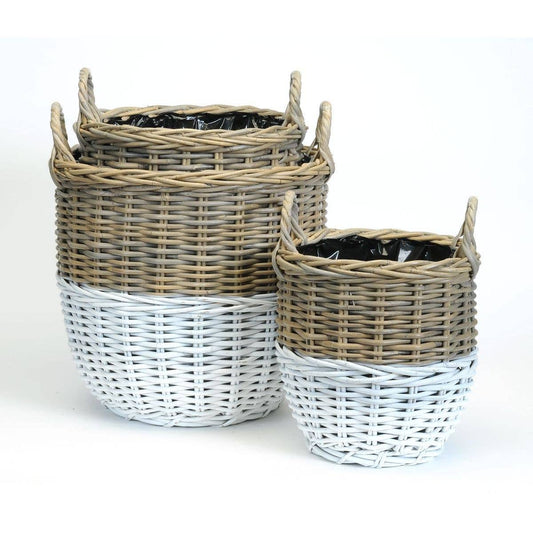 ROUND WHITE DIPPED KUBU GREY  PLANTER BASKETS