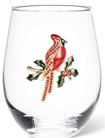 Stemless Wine Glass with Jewel Cardinal