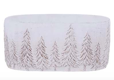 9"LX4.25"H CEMENT OVAL PLANTER WHITE WASH PINE TREES