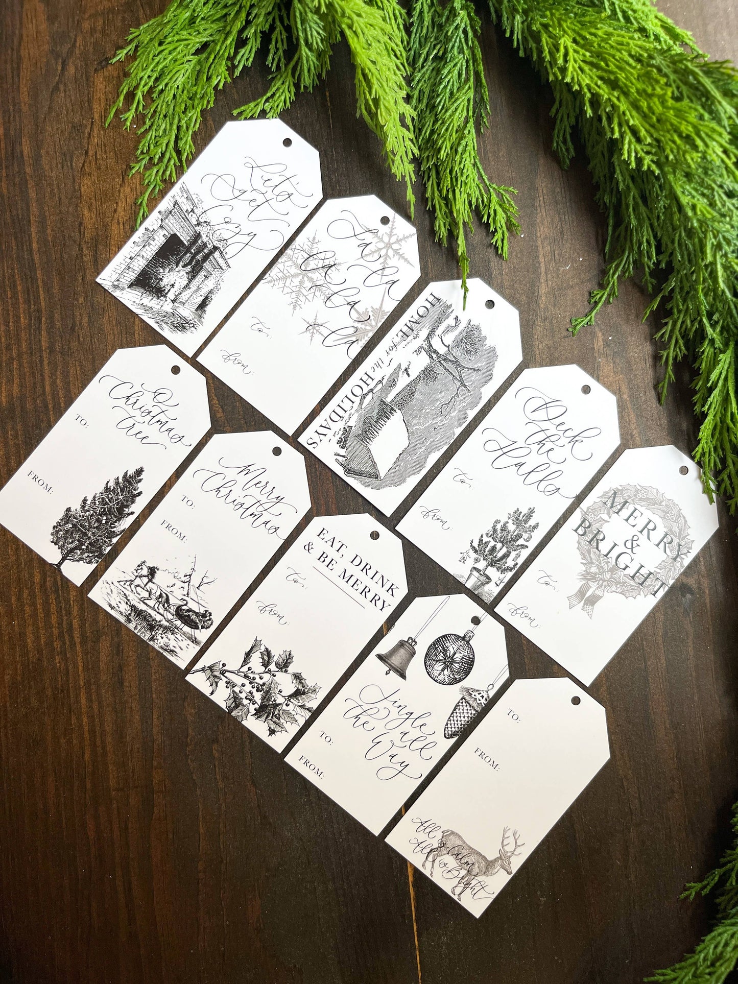 Christmas Gift Tag Set, Black White Vintage Tags for Gifting