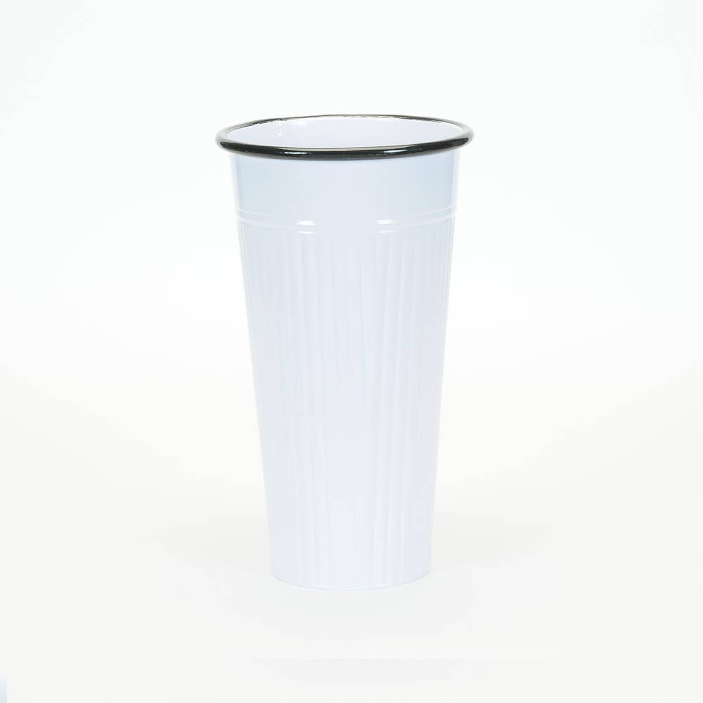 TALL RND METAL VASE WHITE RIBBED BODY BLACK TOP RIM