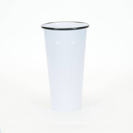 TALL RND METAL VASE WHITE RIBBED BODY BLACK TOP RIM