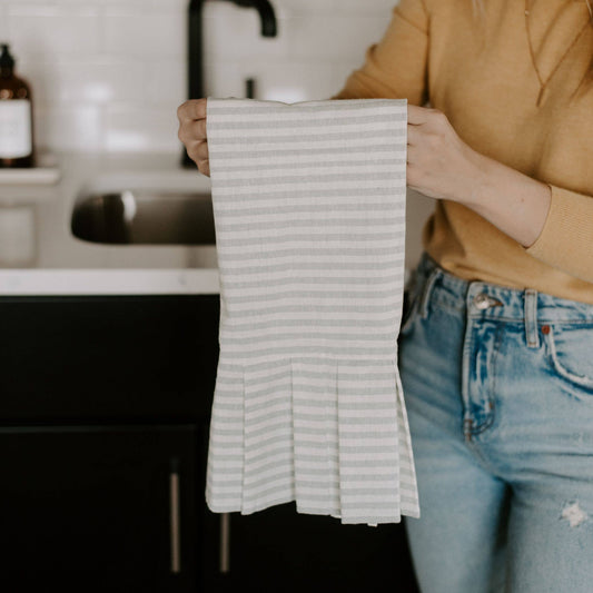 Striped Tea Towel with Ruffle, Grey - Home Decor & Gifts